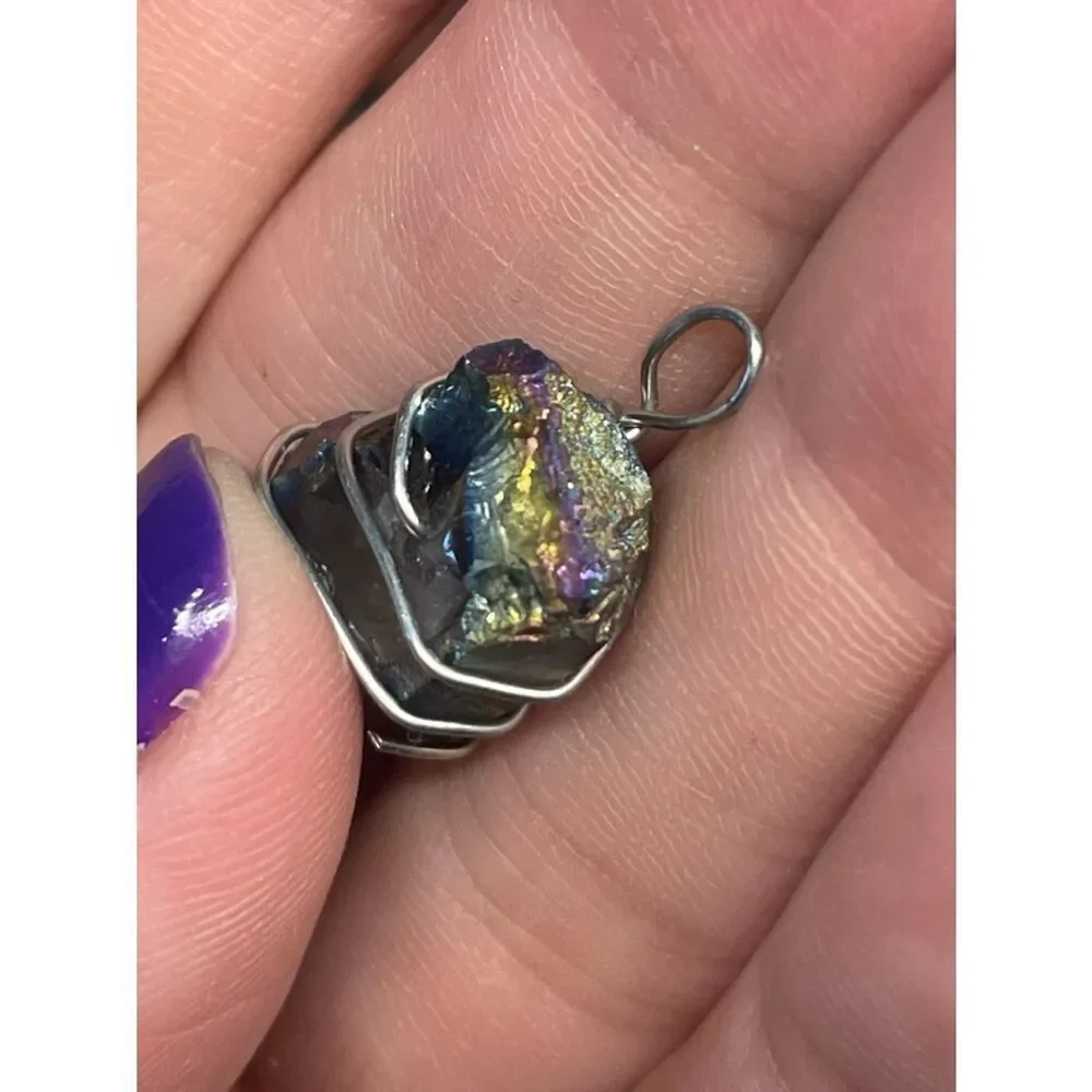 Handmade Small Rainbow Titanium Aura Stone Pendant Wrapped in Silver Wire